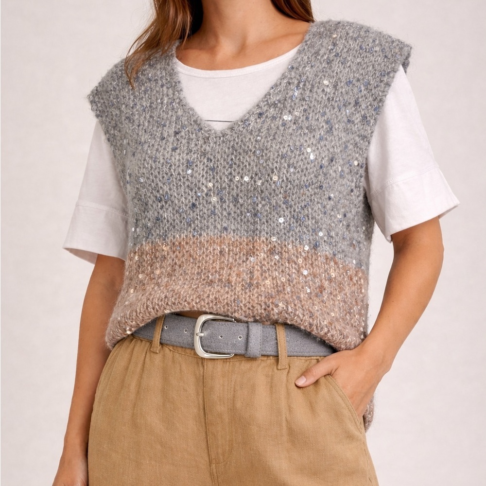 🧶 Hand Knitted V-Neck Sequin Vest in Grey and Taupe size medium